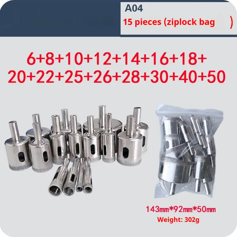 Electroplated tile rock plate drill bit set with one-piece steel construction on a work surface