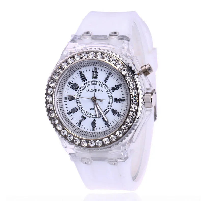 Geneva women’s LED luminous quartz watch with silicone strap, 43mm round alloy case, and pin buckle