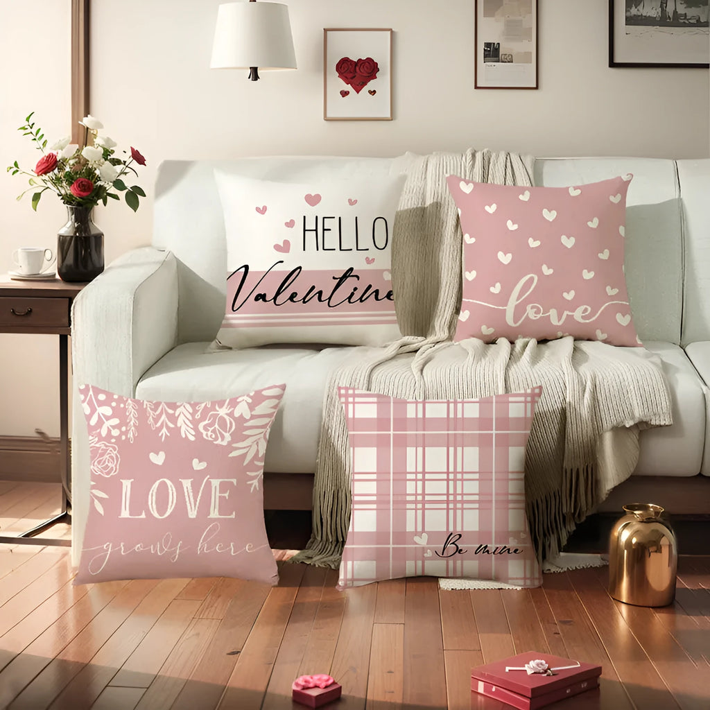 Square plaid and heart print pillow cover on a grey sofa, showing 45cm dimensions.