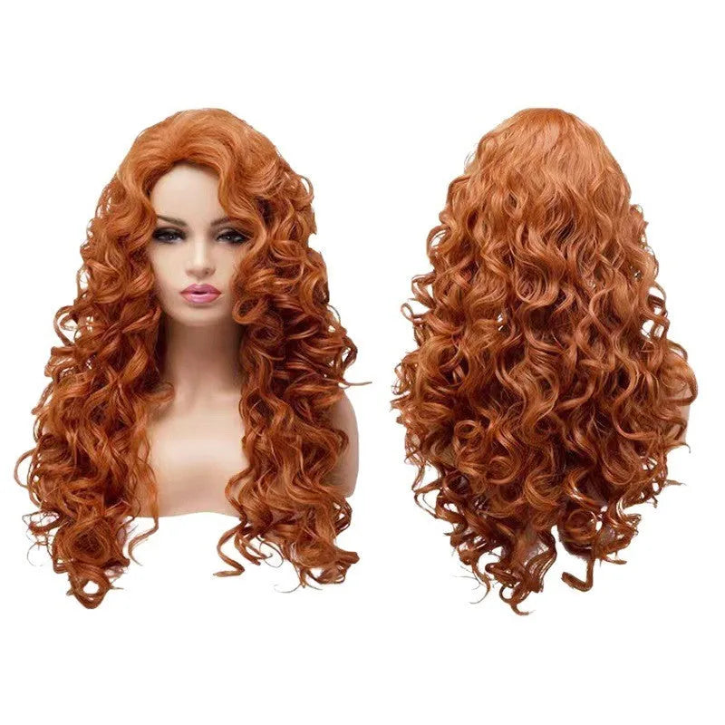 Brown long wavy curly synthetic wig with shoulder-length style for Halloween cosplay