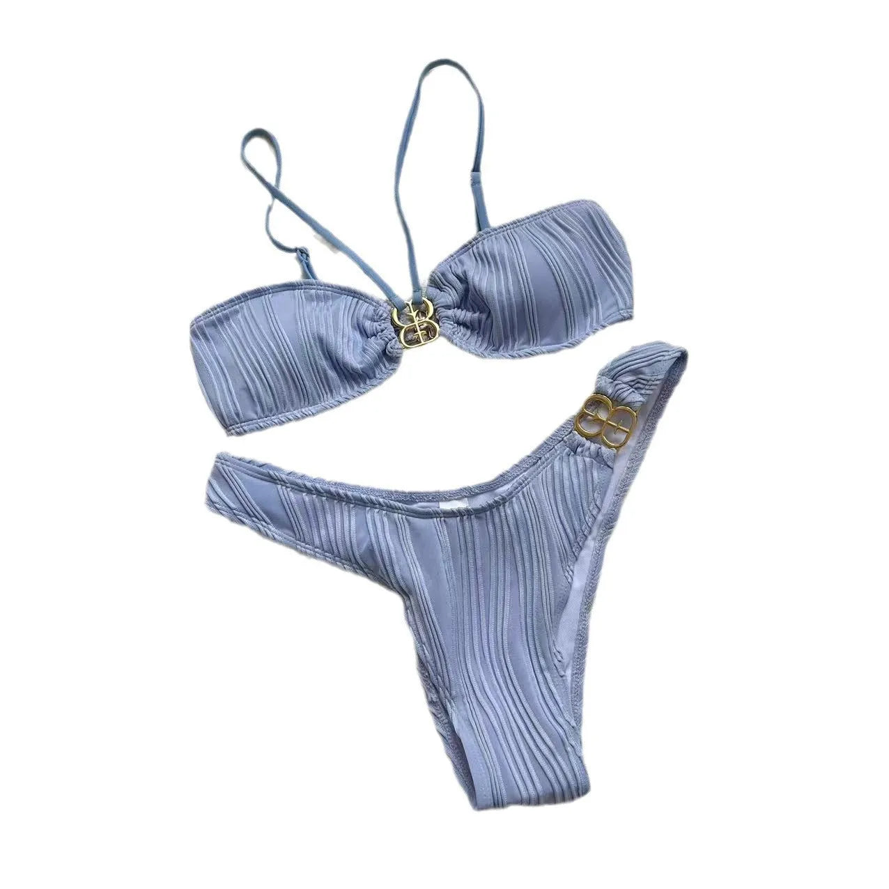 Women's solid colour hanging neck bikini set with briefs style for swimming