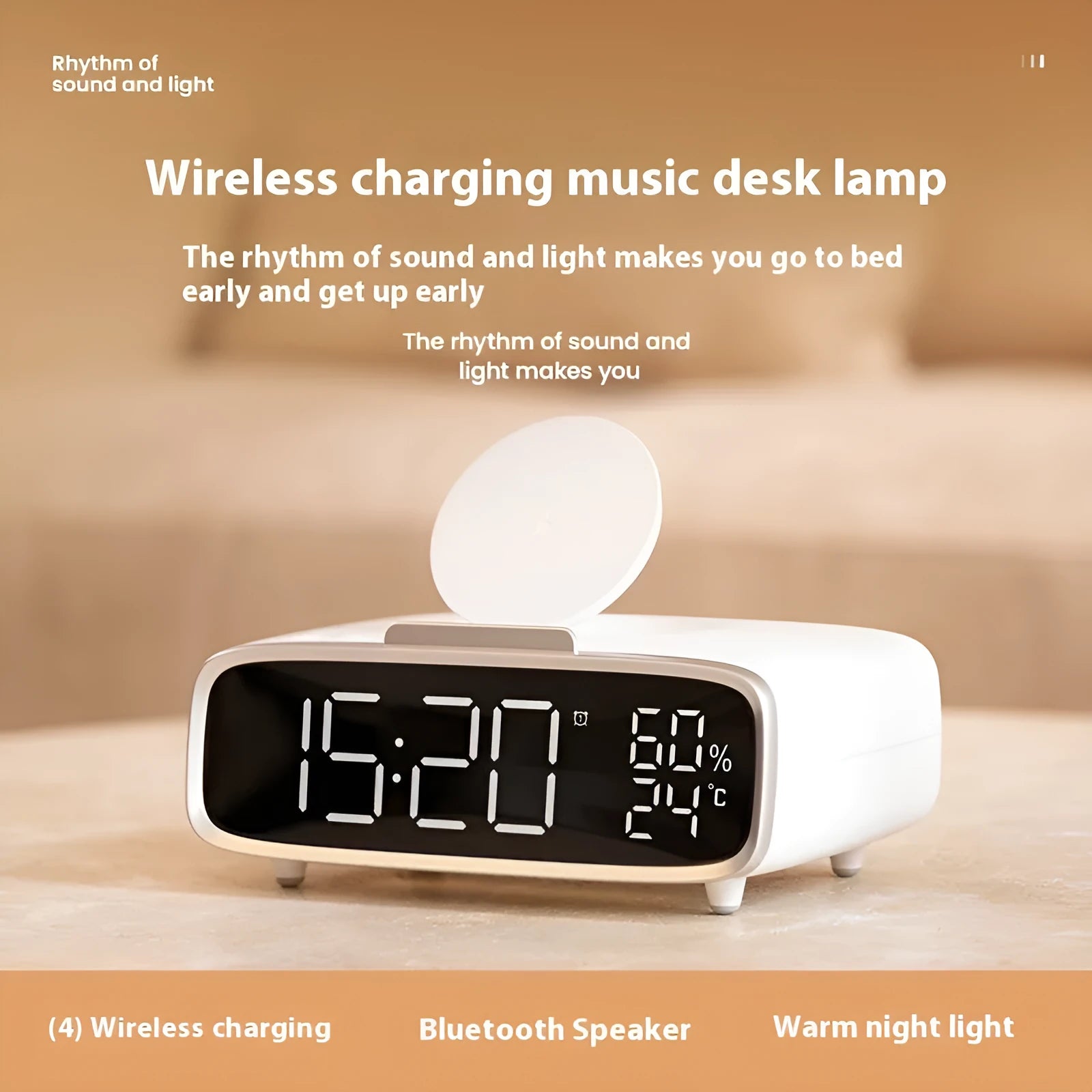 White wireless charging pad with Bluetooth speaker and night light functions
