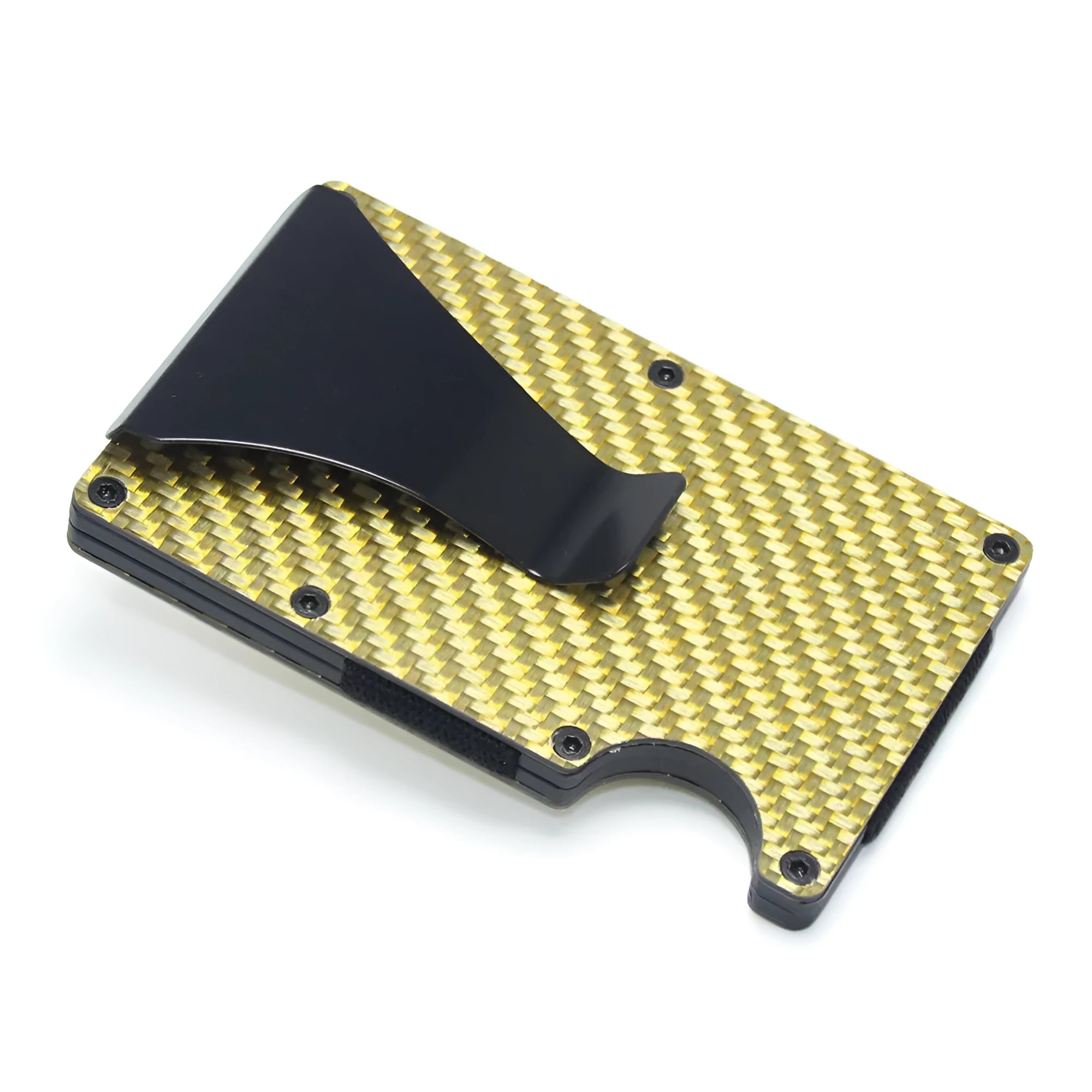 Geometric aluminium and carbon fibre card holder in multiple colours on a table, showing slim 8mm profile.
