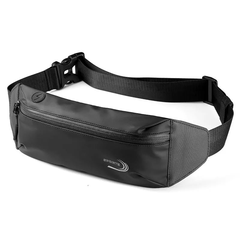 Men's black waterproof waist bag made from Derm Oxford polyester for sports.