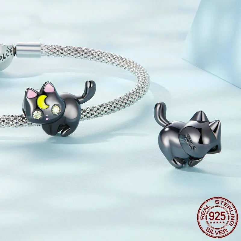 925 silver moon cat charm bead, black gold plated, 1.6cm by 1.45cm with 0.45cm hole for bracelet making