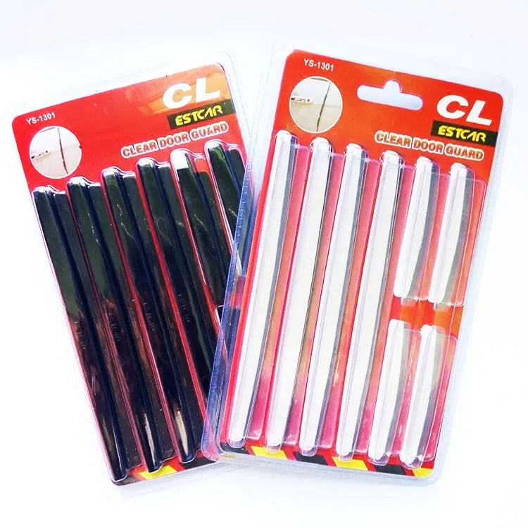 Solid white plastic car door edge protector strip showing its 0.5cm thickness and adhesive backing.