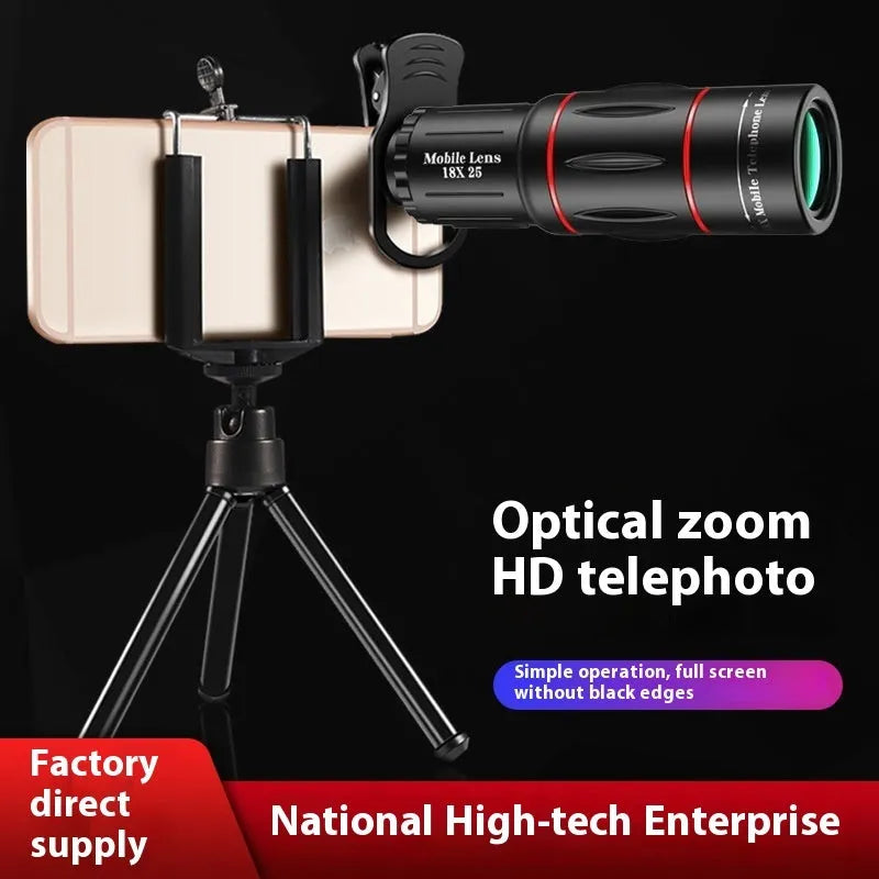 18x universal external telephoto lens for mobile phones with clip-on fitting and optional handheld bracket