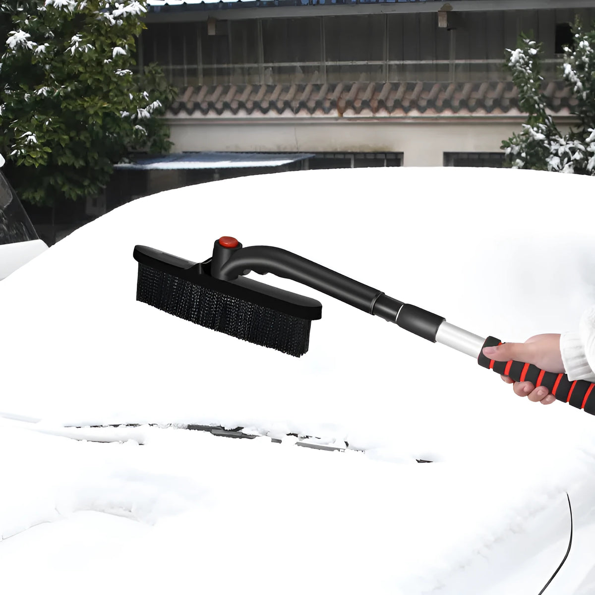 Black car deicing shovel and snow brush with ABS head and telescopic aluminium handle, 65 to 85.6 cm