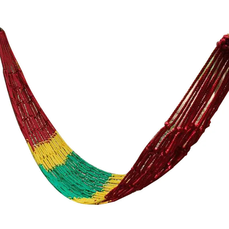 Nylon rope mesh hammock showing 1.1m width and woven construction for outdoor use