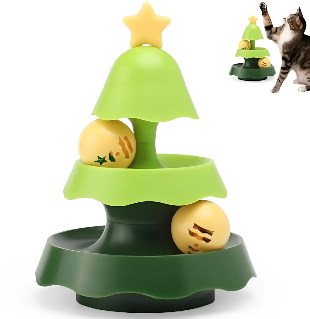 Green tree-shaped cat toy with two-level track, two moving balls, and top catnip ball under cover.