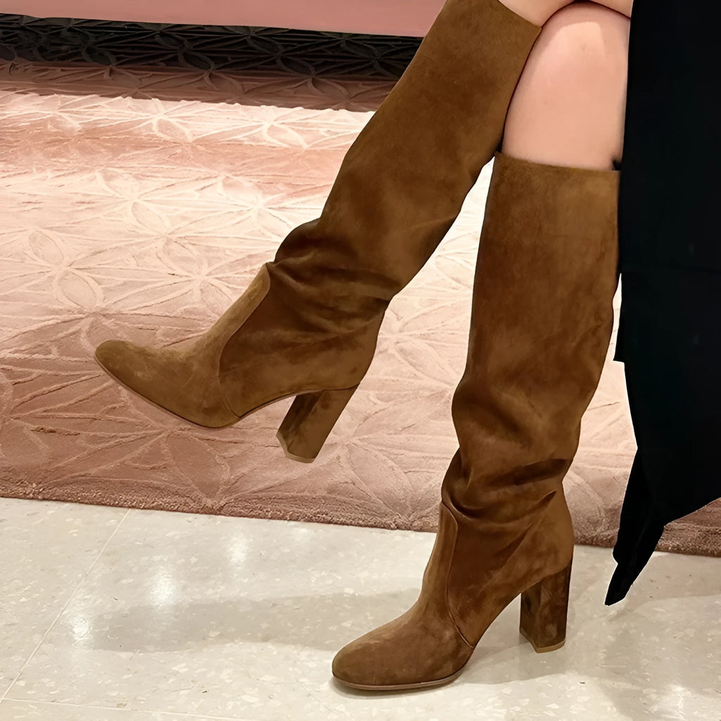 Suede pointed toe block heel ankle boots in black with oversleeve styling and 6-8CM high heel