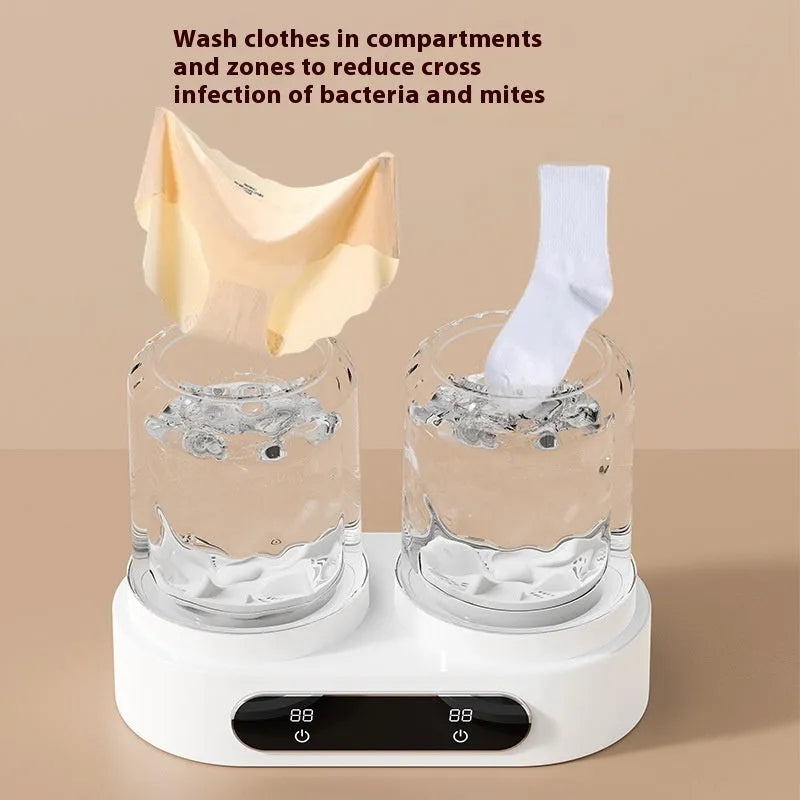 White Double Bucket Laundry Cup mini washing machine with USB cable and two separate washing tubs.