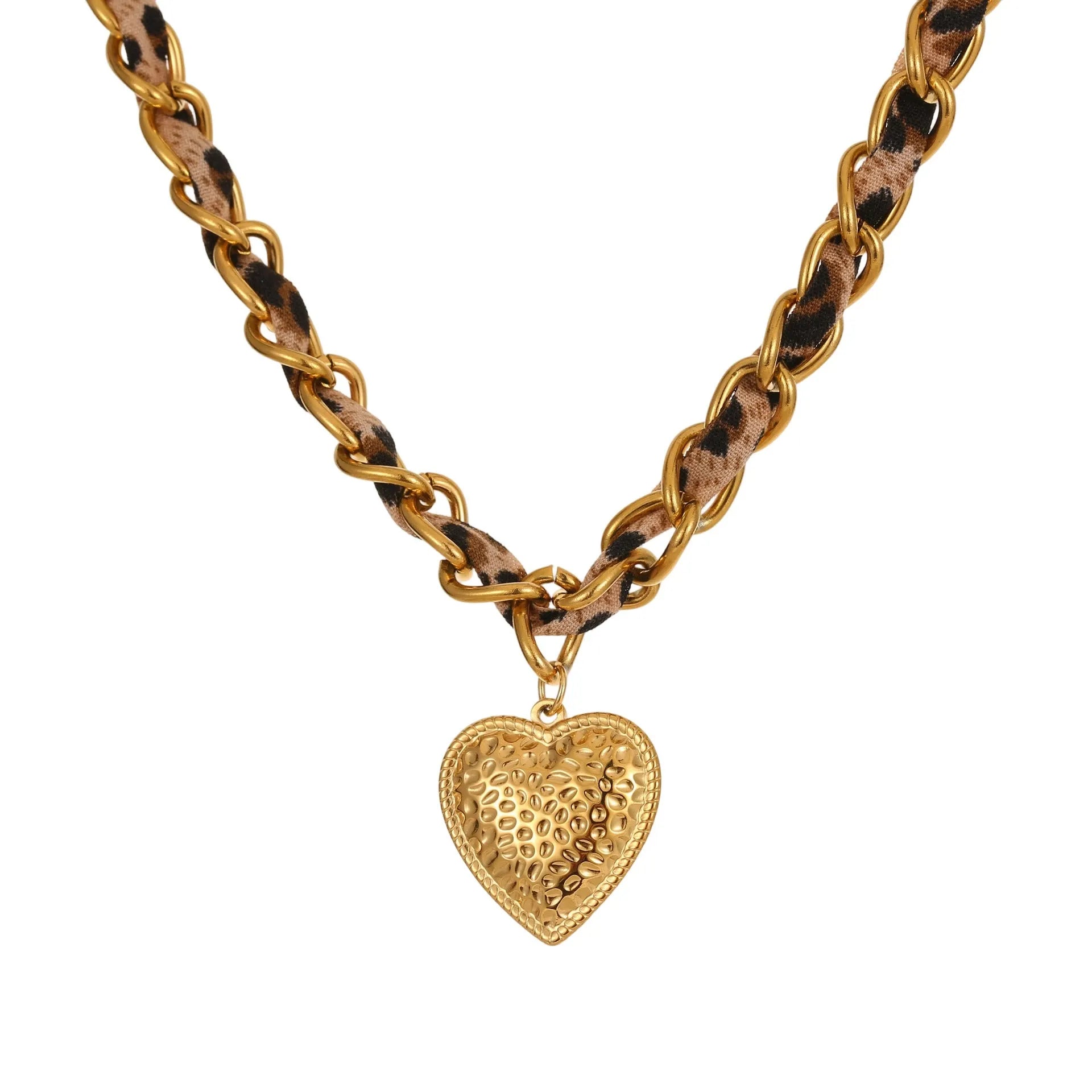 Leopard print geometric heart pendant on a stainless steel chain with adjustable length