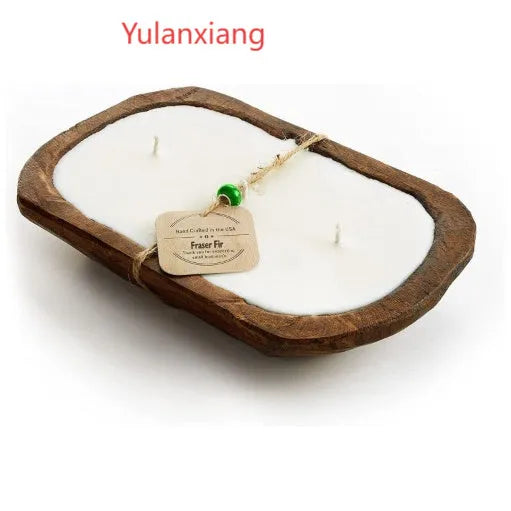 Retro lavender coloured wooden basin holding a soy wax aromatherapy candle with three wicks.