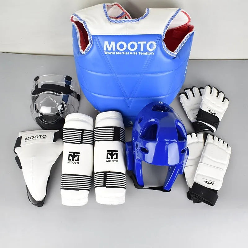 Taekwondo protective gear complete set with thickened padding, red and blue options, sizes 110-190cm
