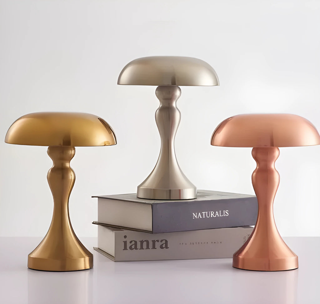 Bronze metallic USB charging desk lamp with touch control for white, warm, and natural light settings.