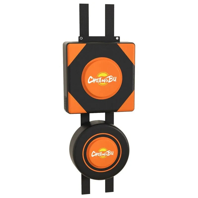 Hanging boxing wall target set with PU leather construction showing round and square punching surfaces