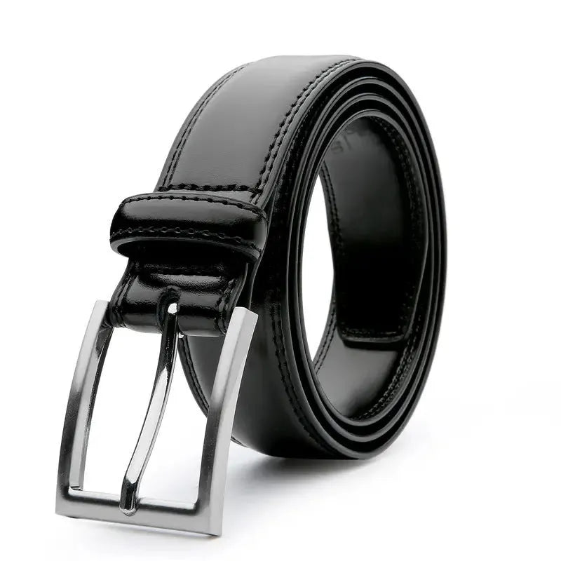 Men's brown genuine leather casual belt with an alloy buckle on a plain background