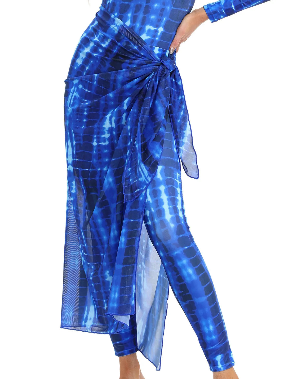 Conservative women's three-piece swimsuit set with apron in a fresh print, shown in Sapphire blue.