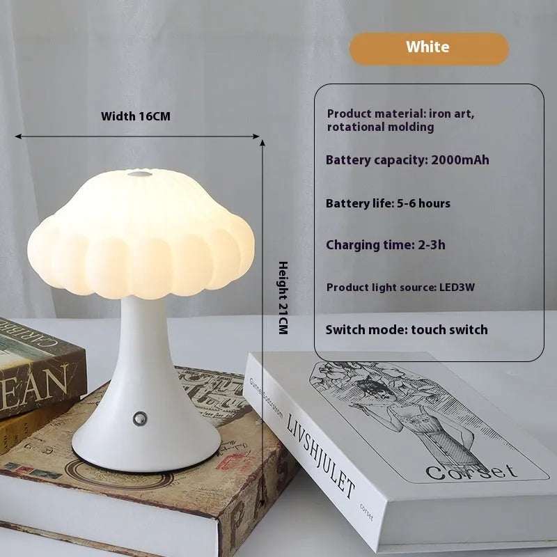 Mushroom-shaped decorative touch control night lamp with rechargeable battery in wood grain colour