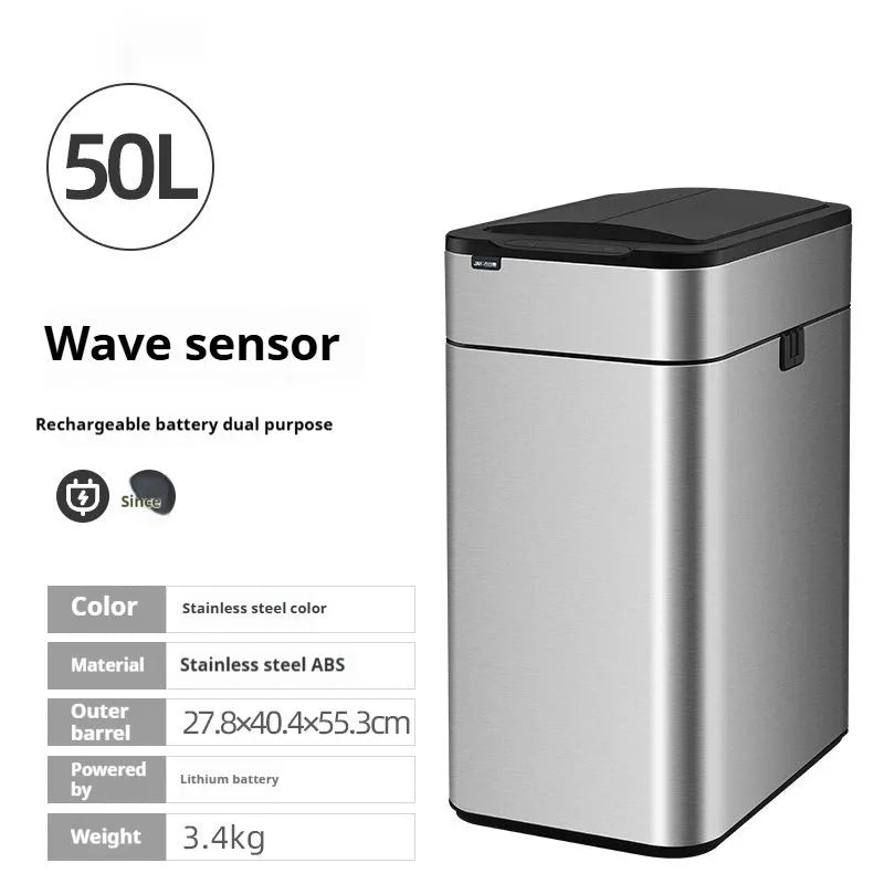 Square inductive automatic smart trash can in stainless steel or white, showing sensor lid.