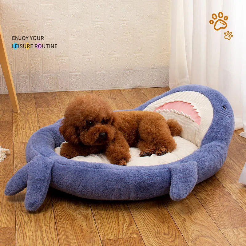 Blue shark pattern velvet pet bed cushion with non-slip base for dogs and cats