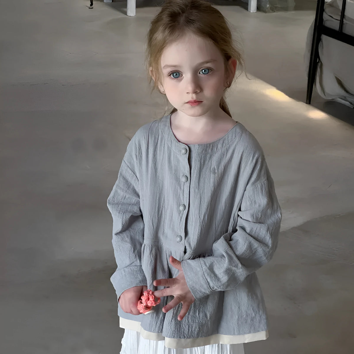 Grey baby long sleeve top with fake two-piece cardigan look and lace detail, cotton fabric, sizes 90cm to 130cm