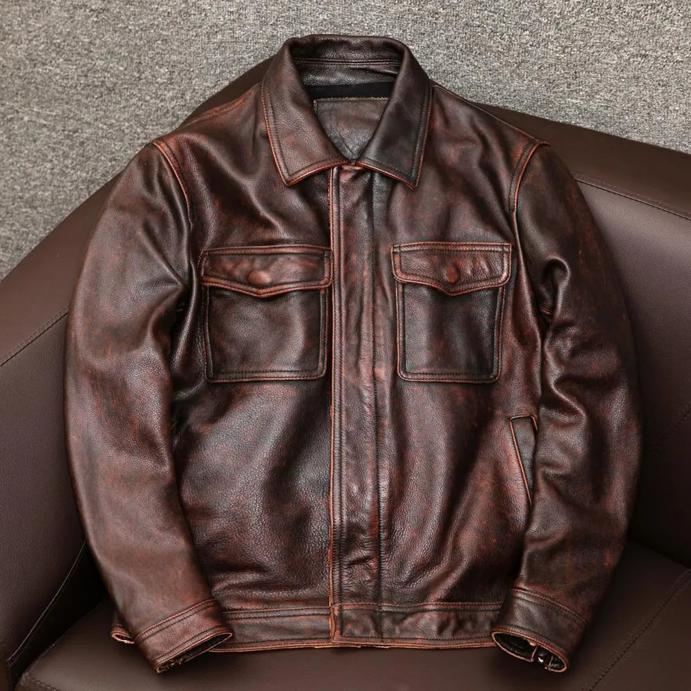 Men's black plus size lapel short leather jacket with side seam pockets, shown in a loose casual fit.