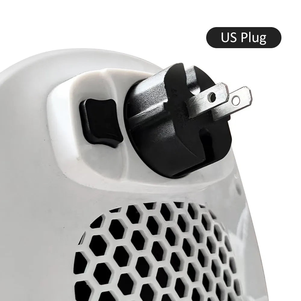 White plastic ceramic heating electric blower heater with remote control on a table.