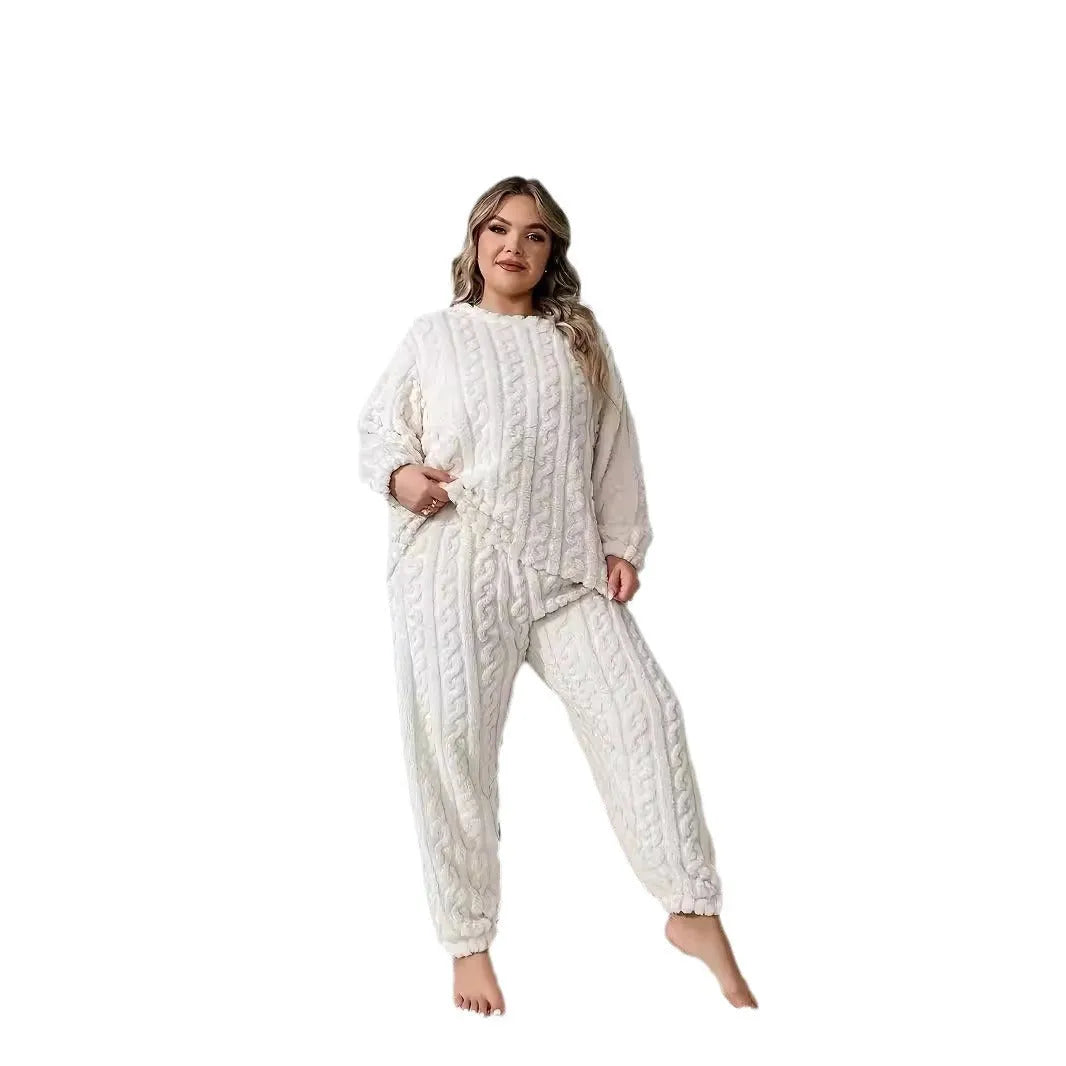 Creamy white women's two-piece polyester pyjama set with long sleeves and trousers