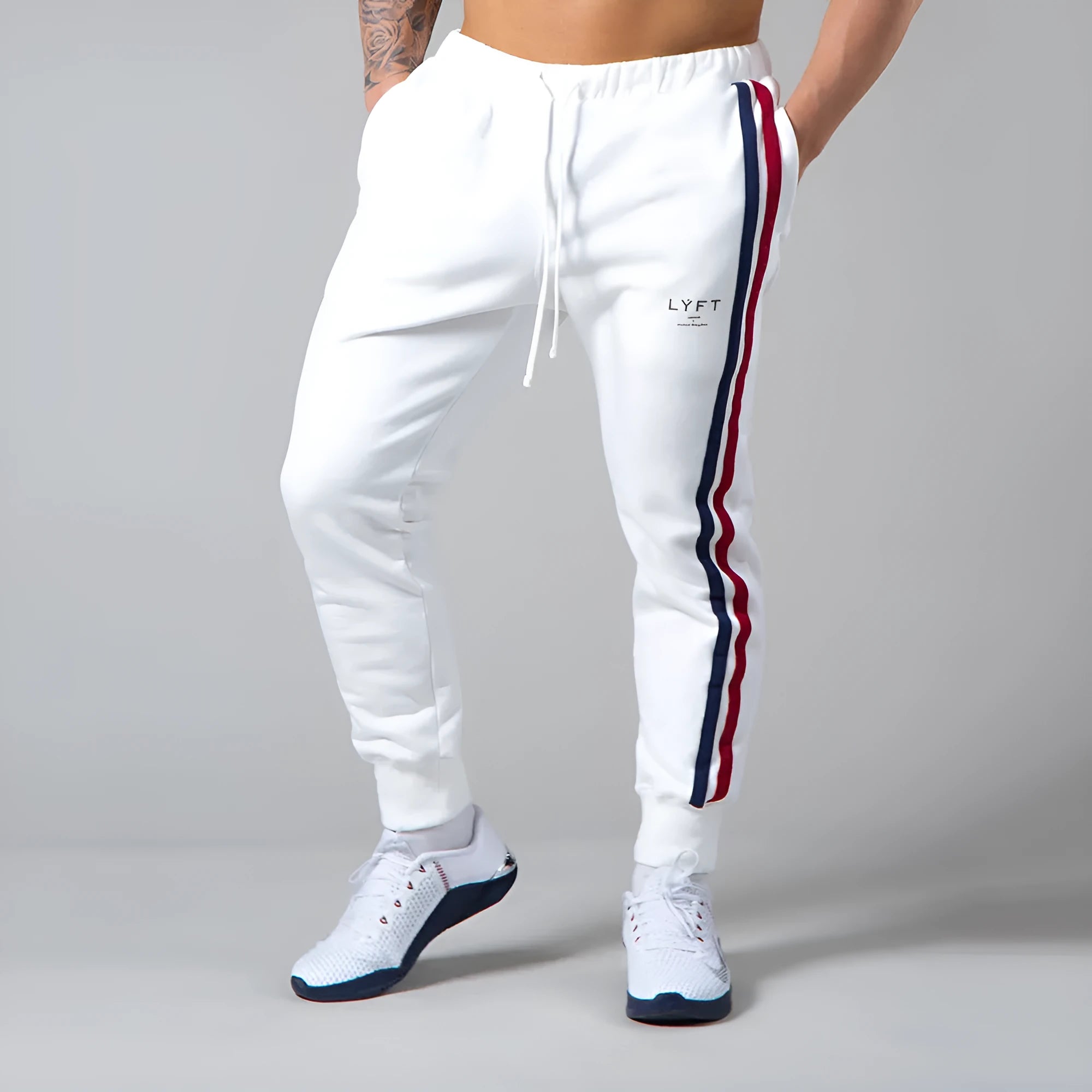 Cotton long pants for outdoor fitness training with elastic waist, available in black, white, navy blue, light board colours