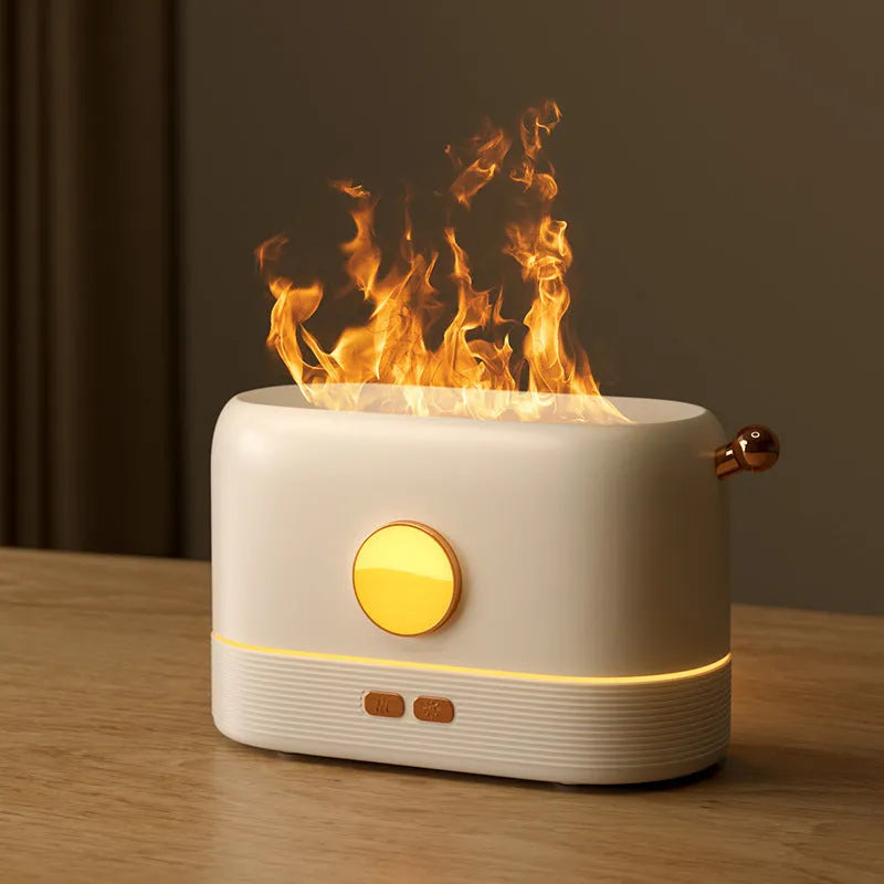 USB desktop humidifier with simulation flame effect and 200ml water tank in black, green or white colours
