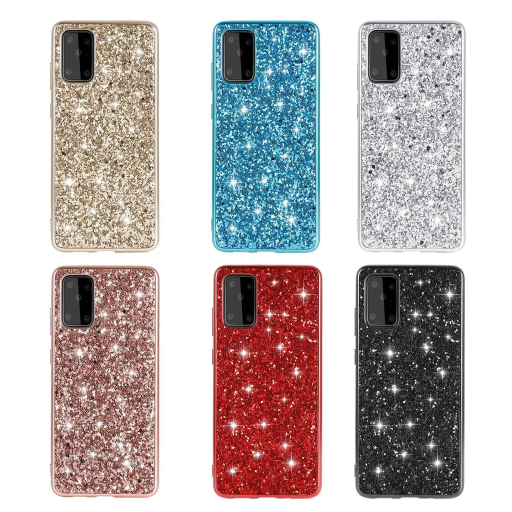 Glitter paste TPU leather Samsung phone case in shiny black with electroplated back cover
