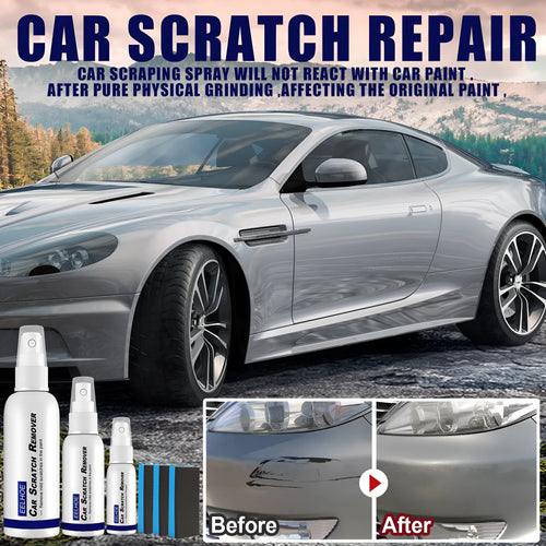 Car scratch repair spray can for paint surface renovation, available in 100ml, 50ml, and 30ml sizes.