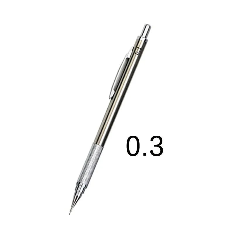 Metal mechanical pencil with automatic lead advancement mechanism and multiple lead size compatibility