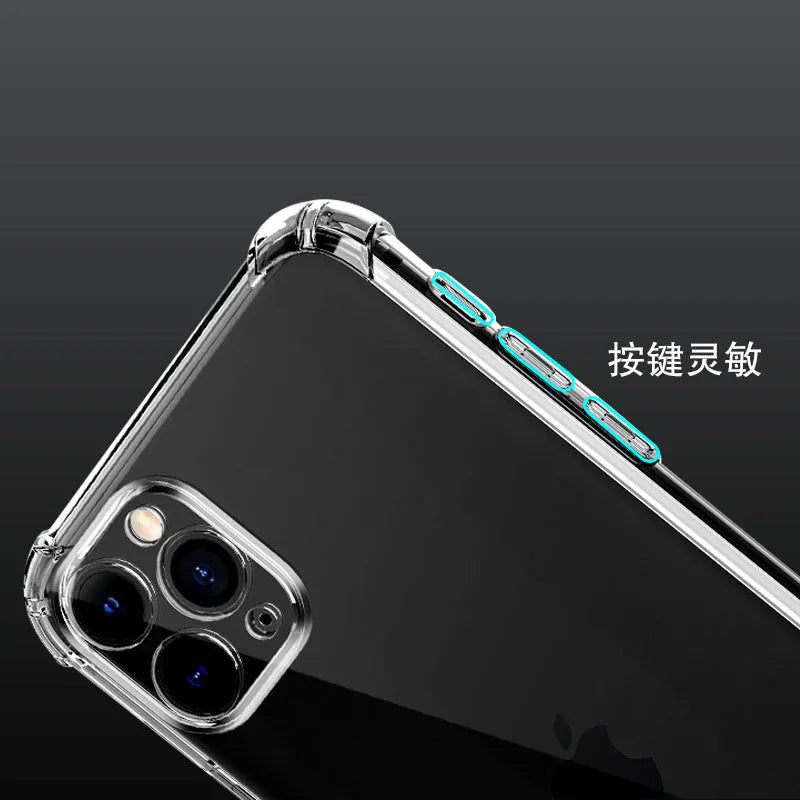 Thickened four-corner airbag iPhone case in transparent TPU with fine hole design, back cover style.