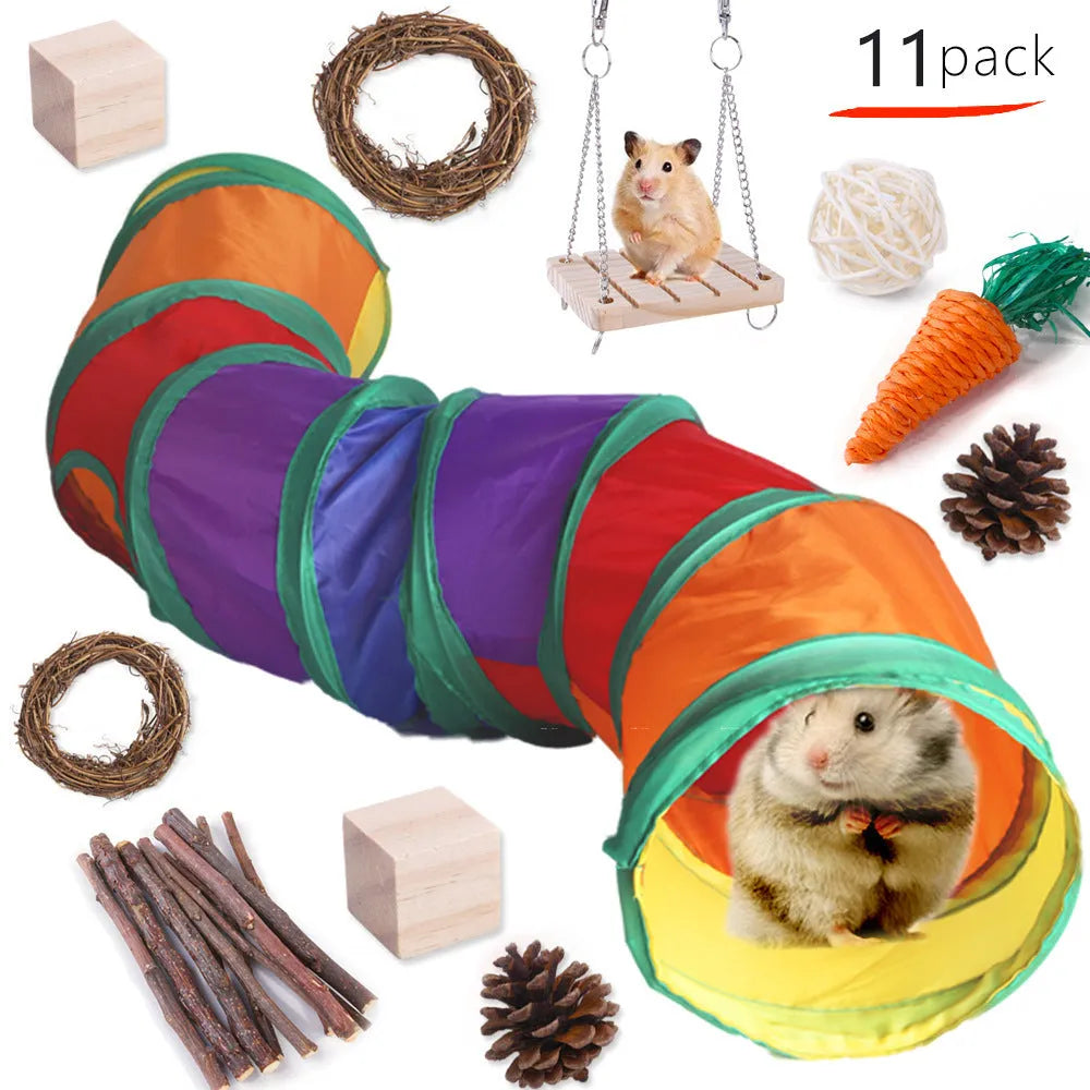Wooden toy combination set for rabbits, guinea pigs, and parrots with straw mattress and natural material balls
