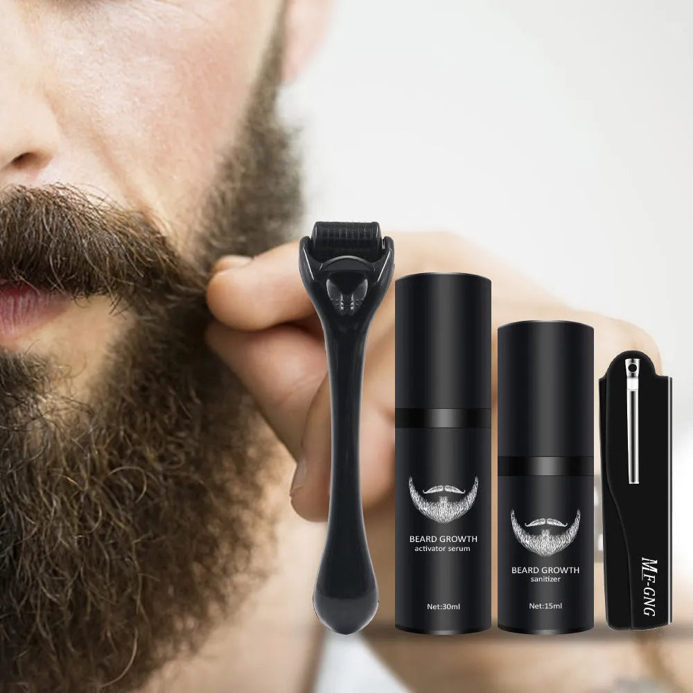 Men's beard grooming kit with beard roller and SPF50 moisturising formula in Suit series packaging