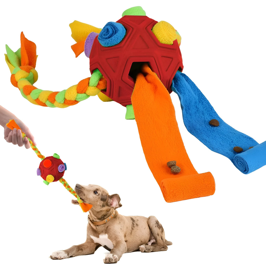 Pet sniffing ball dog puzzle toy in multiple colours including blue, green, orange, pink, purple, red, yellow and red-green