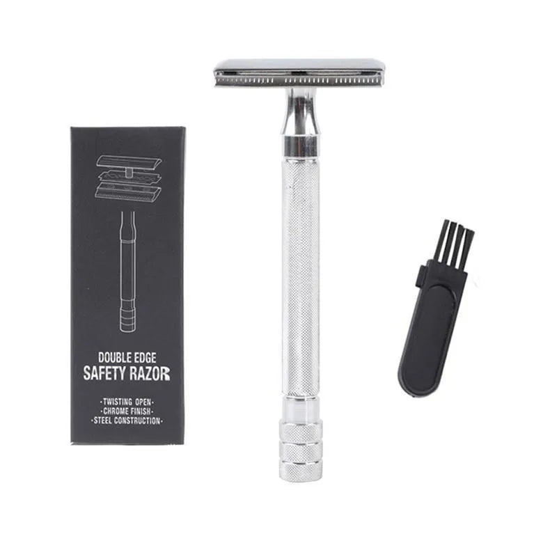Traditional manual shaving razor scraper with brush combination set in black or silver colour