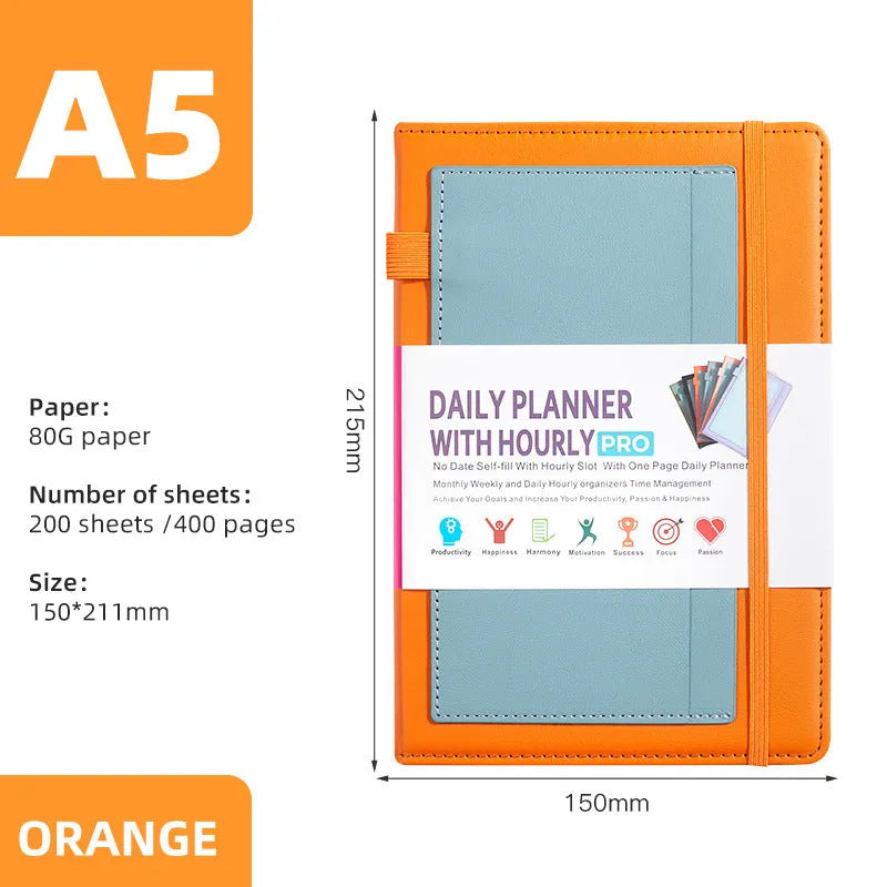 A5 no-date notebook with soft PU cover shown in purple, green, grey, black, pink, and orange, with planning stickers