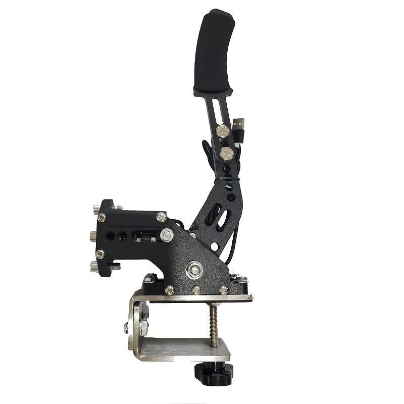 USB handbrake for PC racing simulators with metal lever and universal mounting clamp.