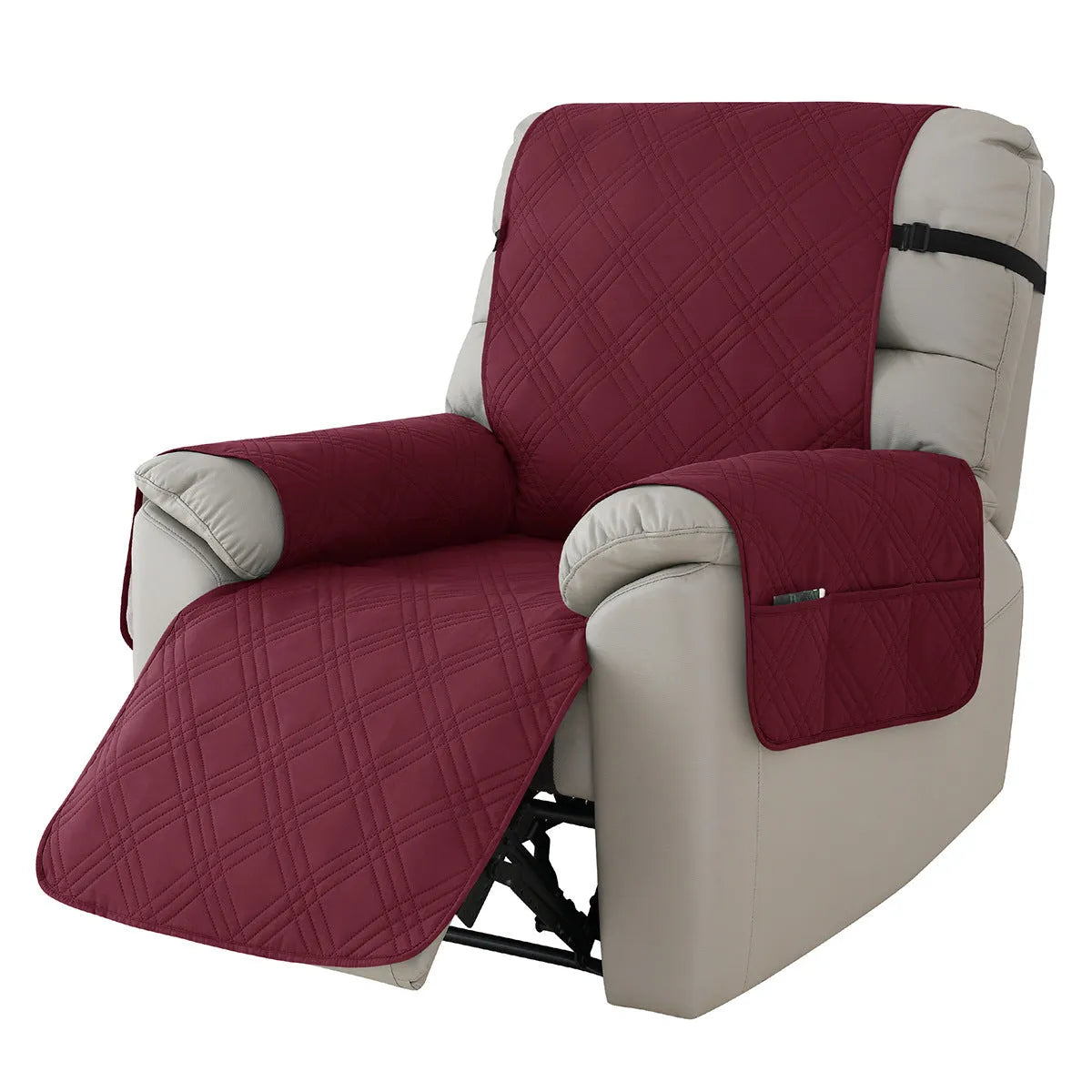 Quilted burgundy waterproof sofa cover fitted on a Chivas single-seat massage chair.