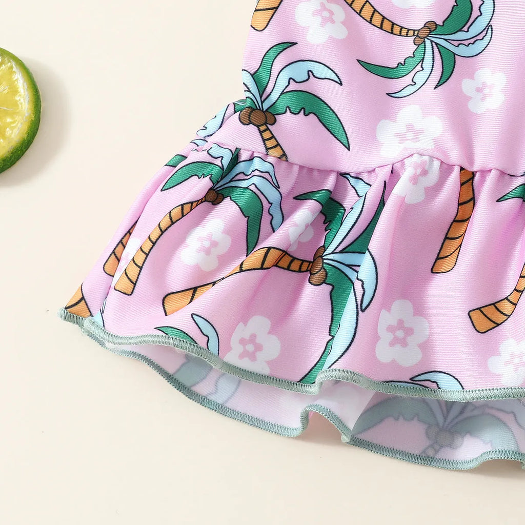 Girls' white two-piece swimsuit set with a top and shorts, made from polyester.