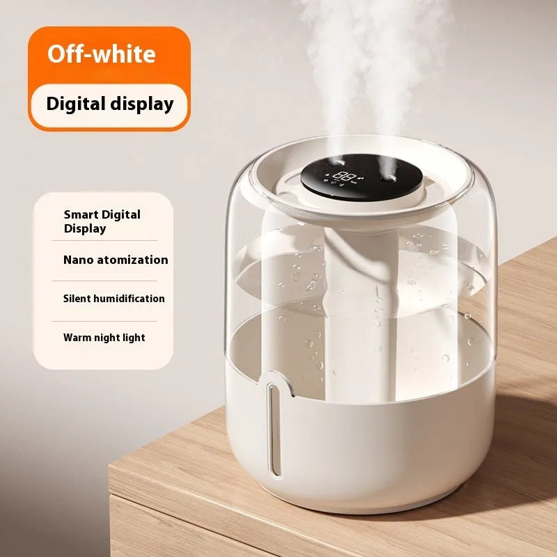 Beige USB humidifier with dual spray nozzles, humidity display, and 5L capacity water tank