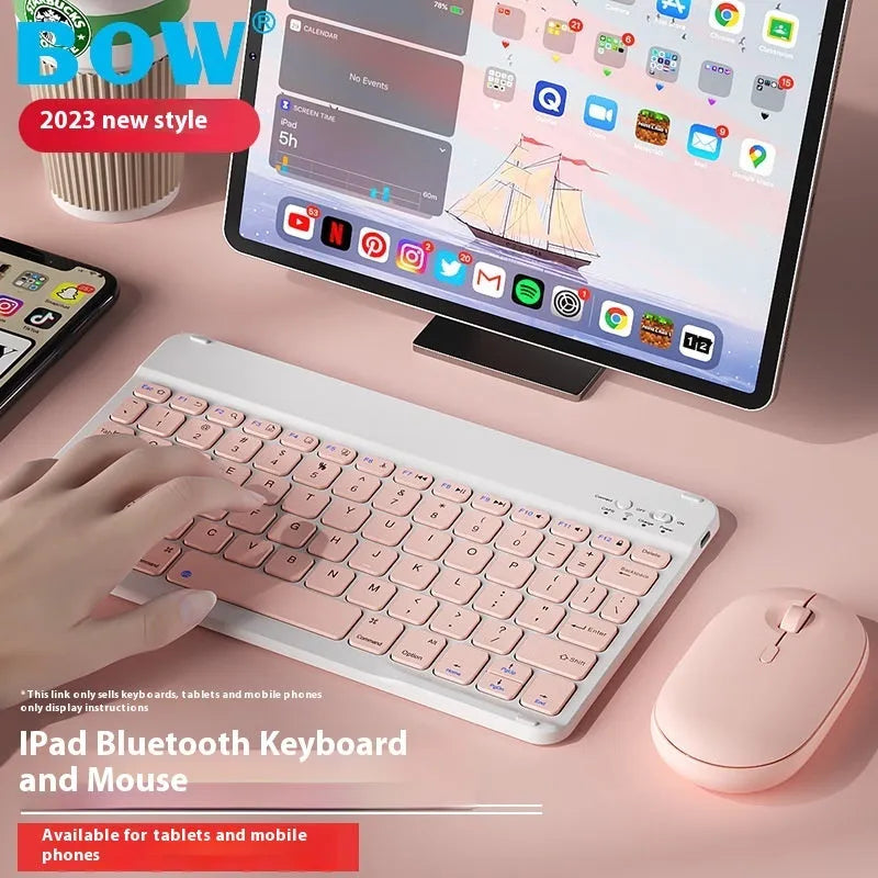 Bluetooth keyboard and optional wireless mouse in colours like white, green, pink, and lavender for tablet and PC use.
