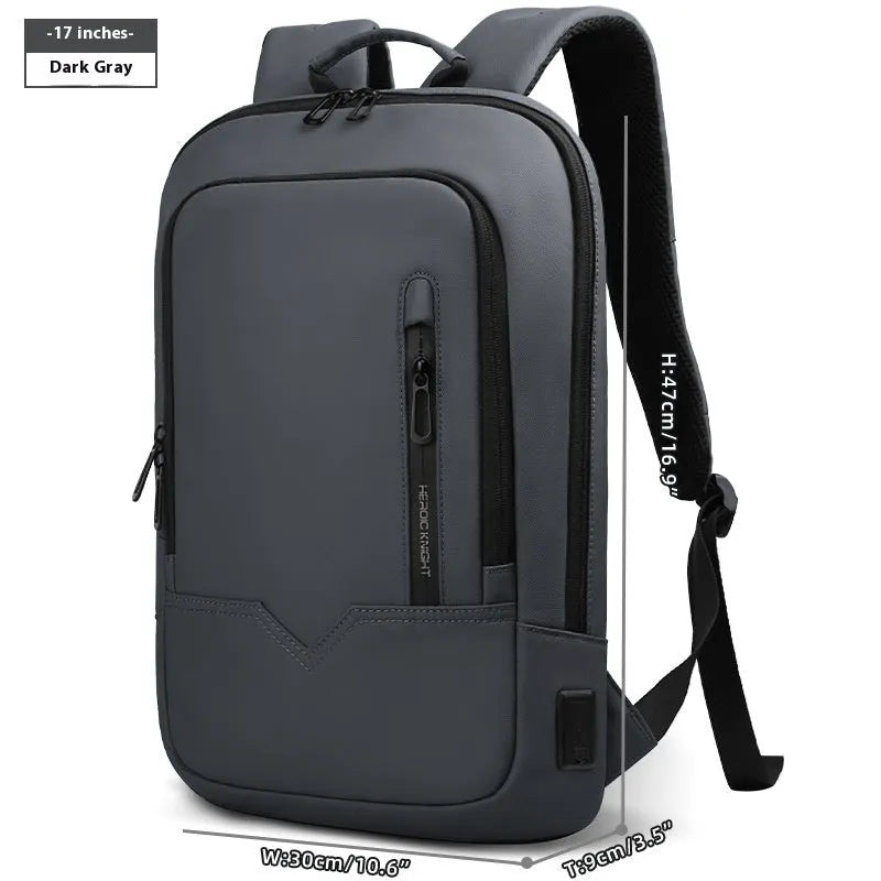 Men's lightweight polyester laptop backpack with USB port in black, shown in 14-inch size.
