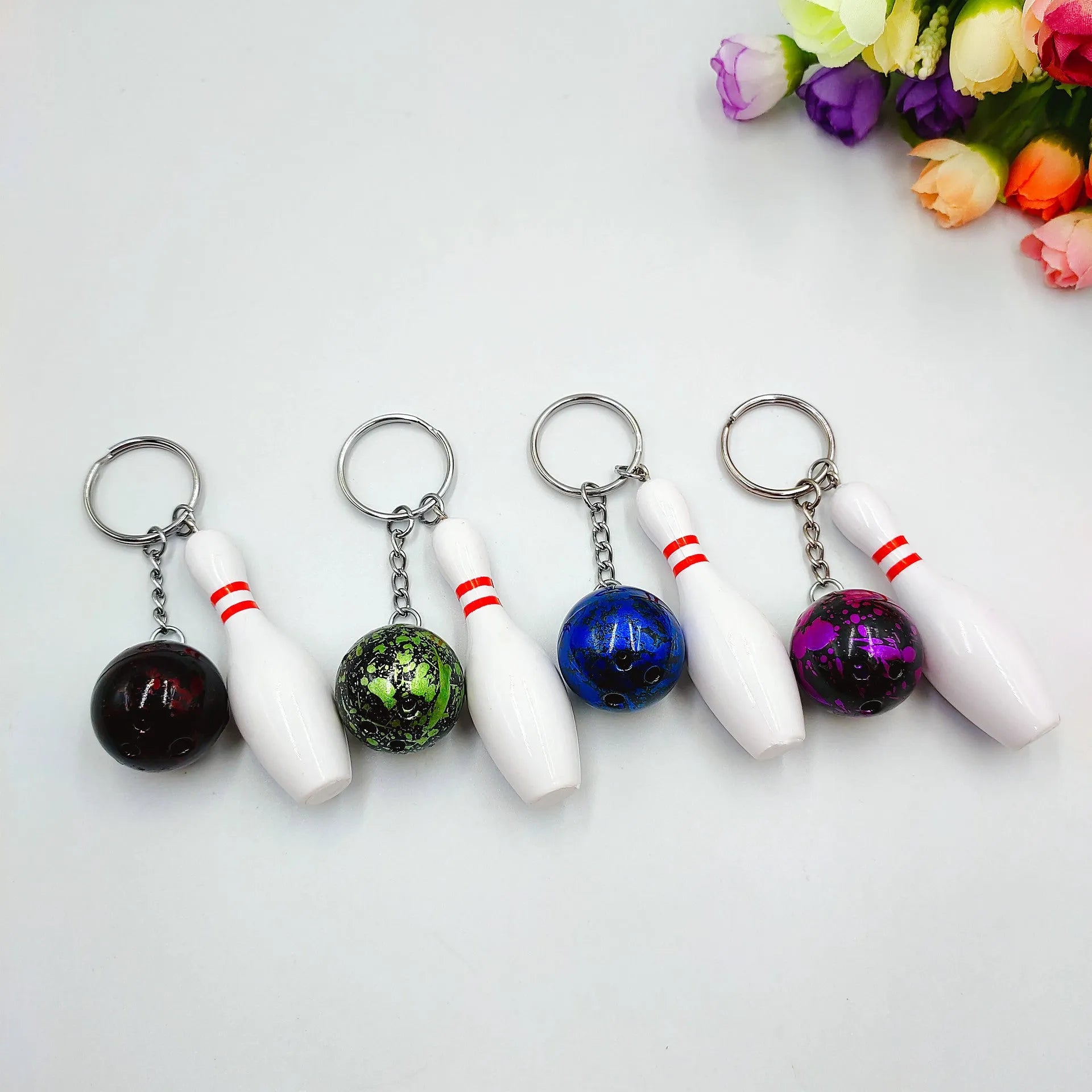 Mini simulation sports bowling ball keychain pendant charm in PVC metal with key ring