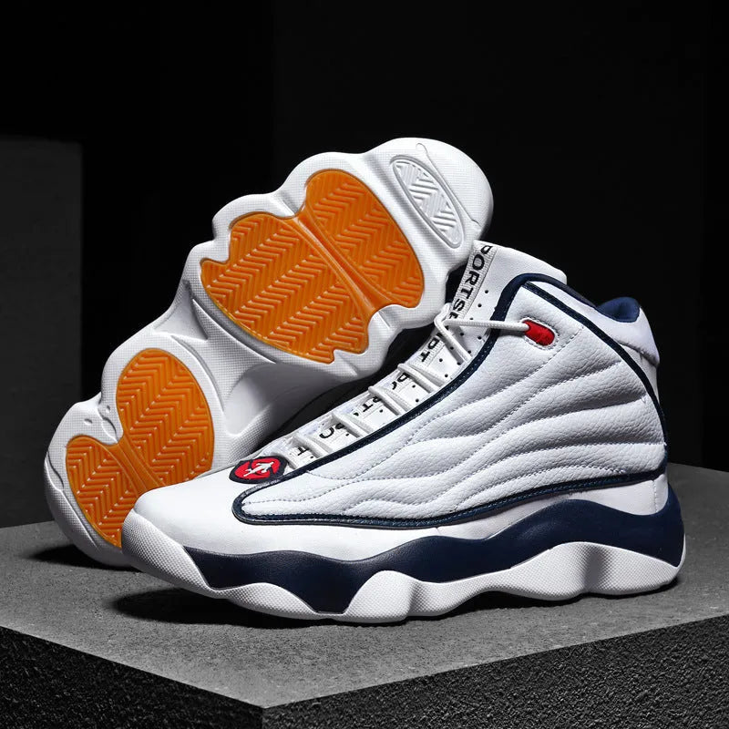 High-top basketball shoes in AJ13 colours with thick rubber sole and mesh upper