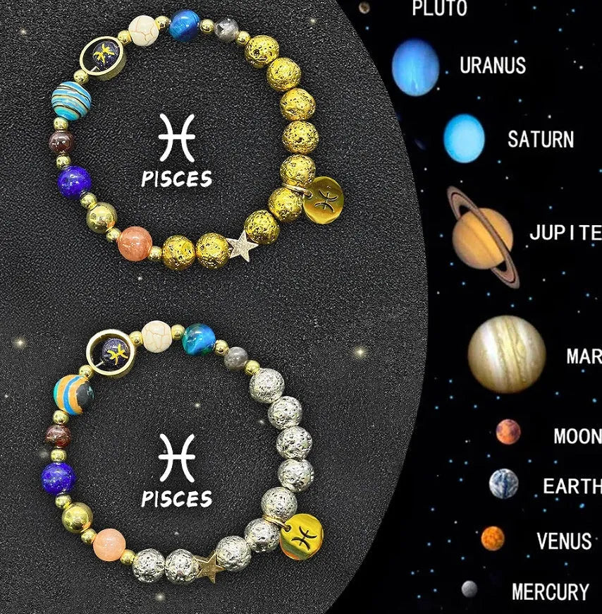 Natural stone bead zodiac bracelets for twelve astrological signs with adjustable cord.